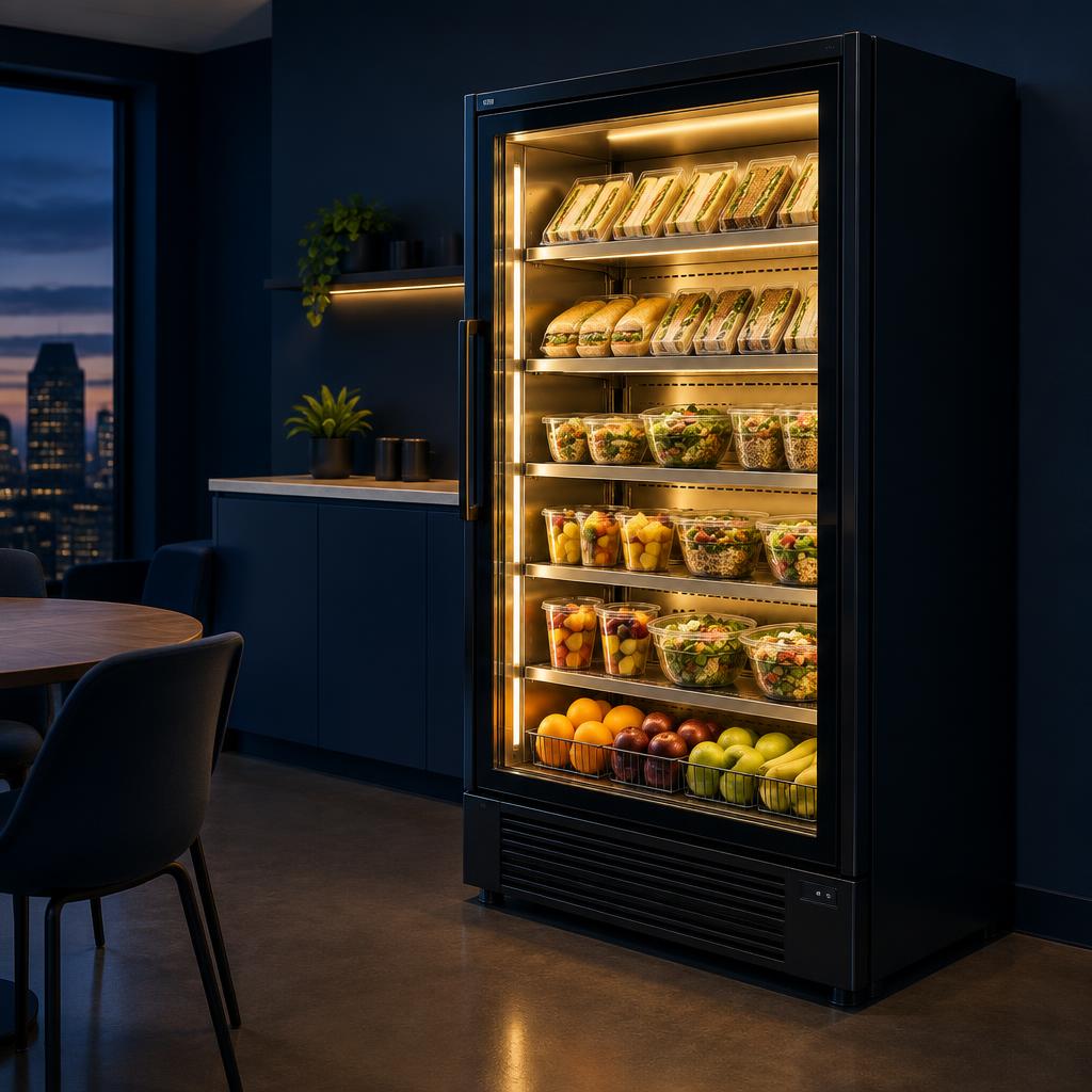 Glass-front fresh food chiller vending fridge