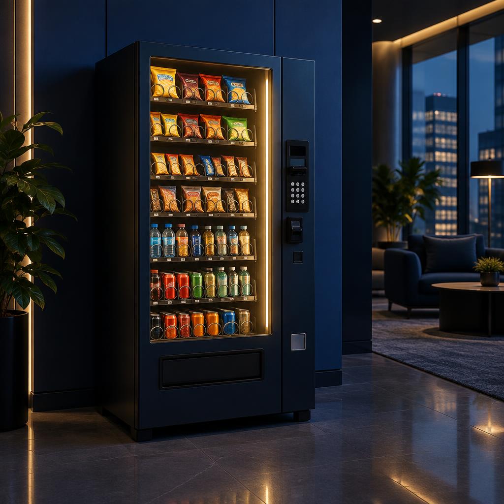 Snack and drinks vending machine in an office lobby